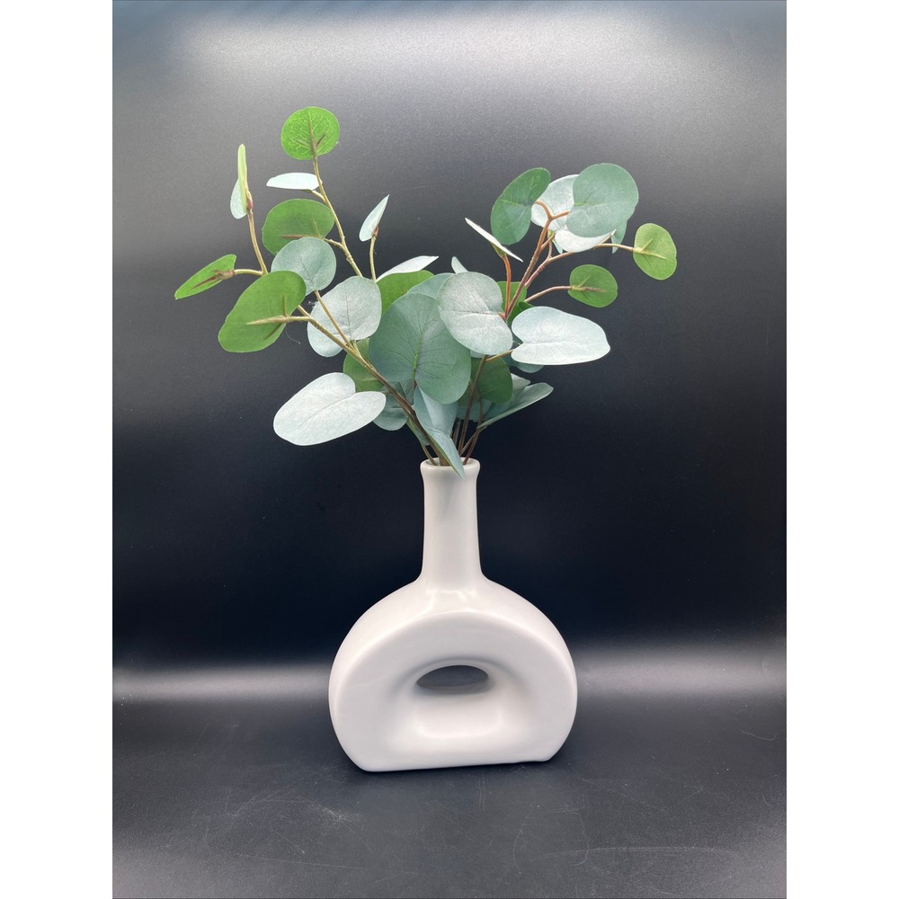 Abstract Modern Matte White Ceramic Donut Vase Faux Eucalyptus Greenery 8 x 6.5" - Picture 10 of 11